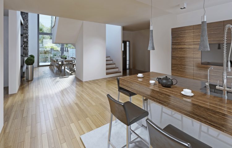 High-tech styled kitchen with dining room. The bar counter with stools black. Kitchen furniture is made in the texture of striped dark wood. Two-storey panoramic window perfectly illuminate the entire room. The kitchen is located on a hill made of polished concrete, the rest of the room is covered with light wood flooring. 3D render